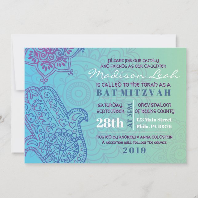Aqua HEMSA MAIN DE DIEU Invitation Bat mitzvah (Devant)
