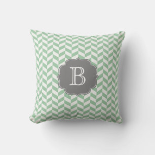 Aqua Herringbone Chevron Pattern with Monogram Throw Pillow