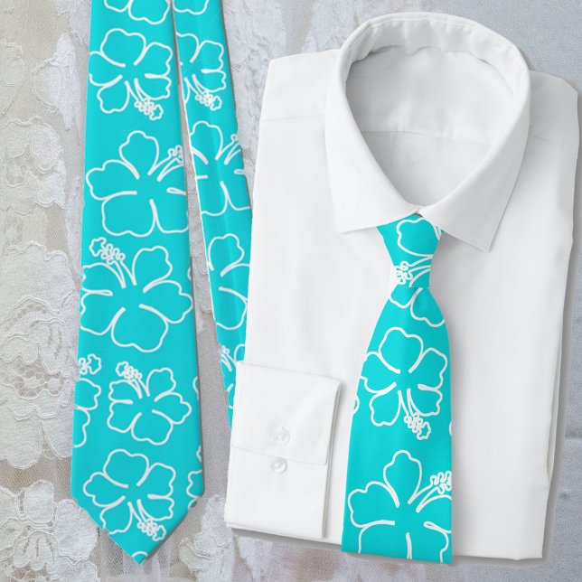 Aqua Hibiscus Outline Motif Cravate Mariage (Créateur téléchargé)
