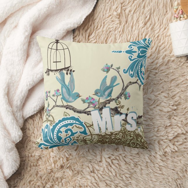 Aqua Hot Pink Birds Mme Brides Coussin (Couverture)