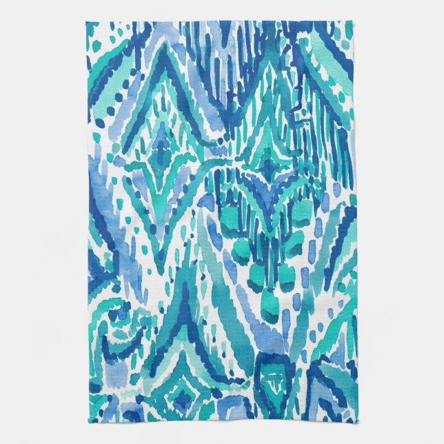 Aqua Ikat Fringe Tribal Watercolor Kitchen Towel (Vertical)