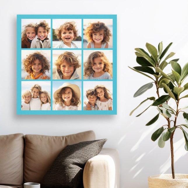 Aqua Instagram Photo Collage with 9 square photos Canvas Print (Custom Photo Collage Wall Art - 9 photo square grid)