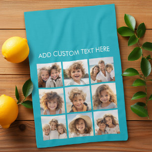 Aqua Instagram Photo Collage with 9 square photos Kitchen Towel
