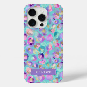 Aqua Iridescent Leopard Print Monogrammed iPhone 15 Pro Case