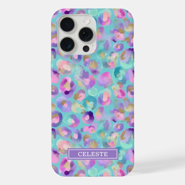 Aqua Iridescent Leopard Print Monogrammed iPhone Case (Back)