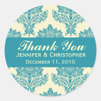 Aqua & Ivory Damask Round Wedding Labels