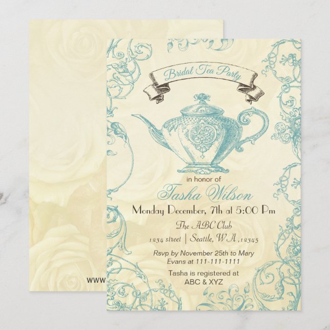 Aqua Ivory Roses vintage Bridal Tea Invites (Front/Back)