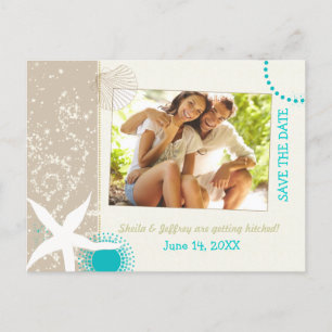 Aqua Ivory Tan Beach wedding Photo Save the Date Announcement Postcard