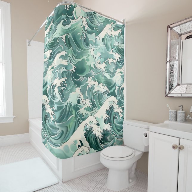 Aqua Japanese Ocean Waves Sea Pattern (In Situ)