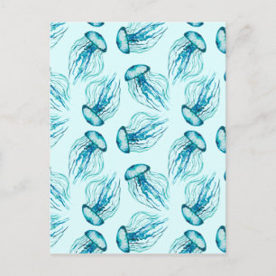 Aqua Jellyfish Watercolor Pattern Postcard