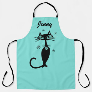 Aqua Kitchen Apron with Retro Atomic Cat 