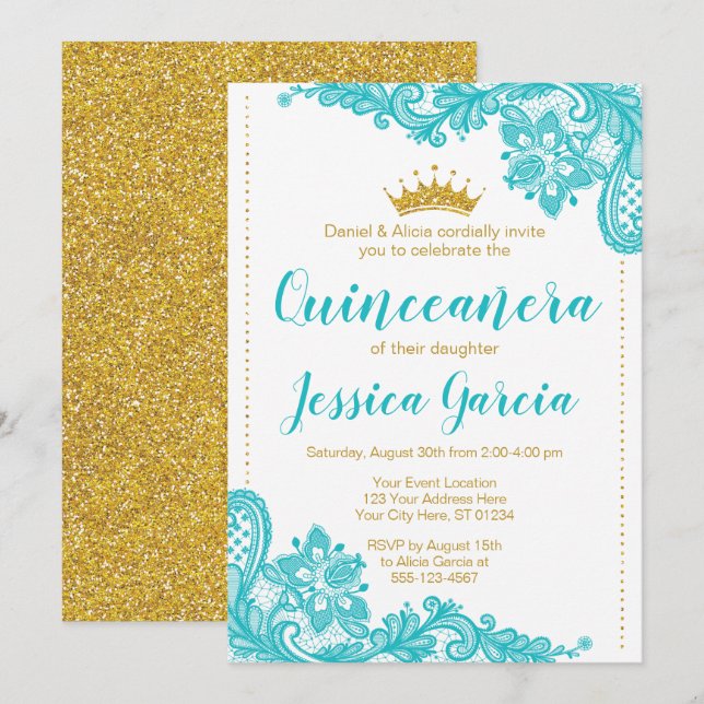 Aqua Lace and Glitter Gold Princess Quinceañera Invitation (Front/Back)