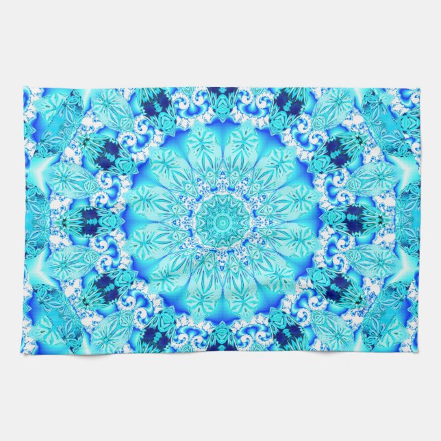 Aqua Lace, Delicate, Abstract Mandala Kitchen Towel (Horizontal)