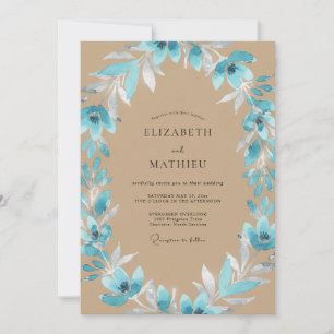Aqua Leafy Beige Wedding Invitation