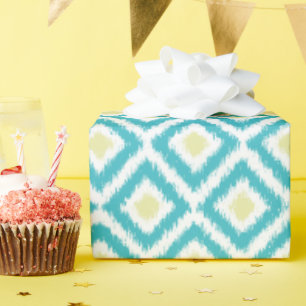 Aqua Lemon Diamonds Ikat Pattern Wrapping Paper