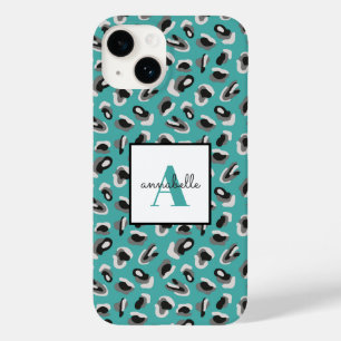 Aqua Leopard Print Personalized Monogram Case-Mate iPhone 14 Case