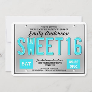 Aqua License Plate Sweet 16 Parties Invitations