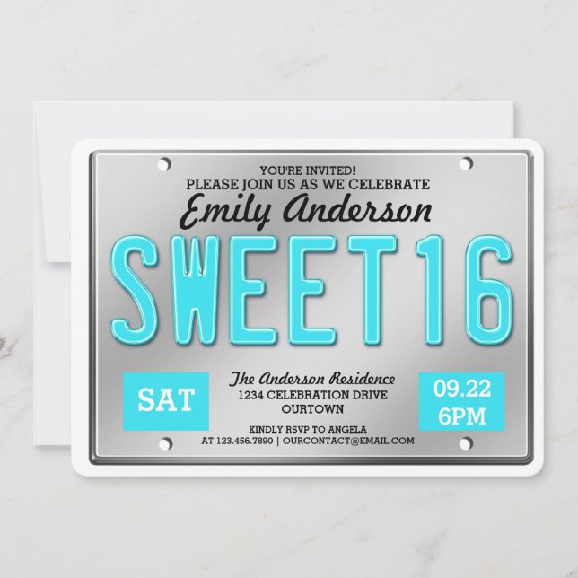 Aqua License Plate Sweet 16 Party Invitations (Front)