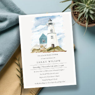 Aqua Lighthouse Mountains Bridal Shower Invite