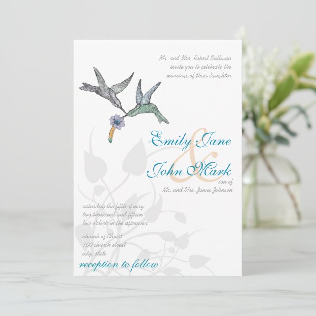 Aqua Lilac Corail Hummingbirds Faire-part de maria (Debout devant)