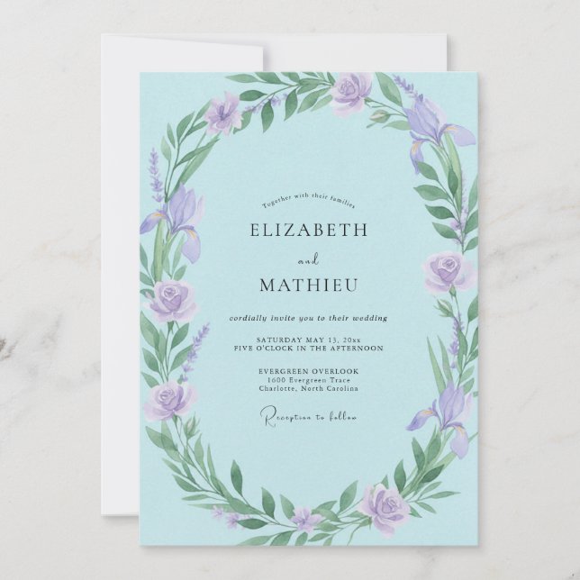 Aqua Lilac Wreath Wedding Invitation (Front)