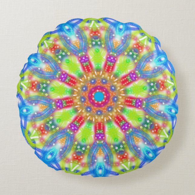 Aqua Lime Mandala Boho Reversible Round Pillow (Front)