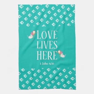 Aqua   LOVE LIVES HERE   Stylish Customizable Kitchen Towel