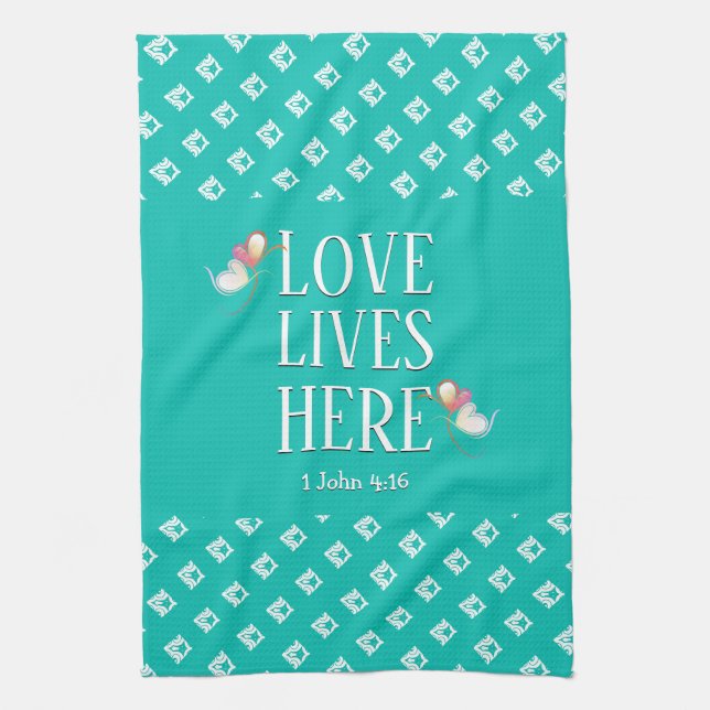 Aqua | LOVE LIVES HERE | Stylish Customizable Kitchen Towel (Vertical)