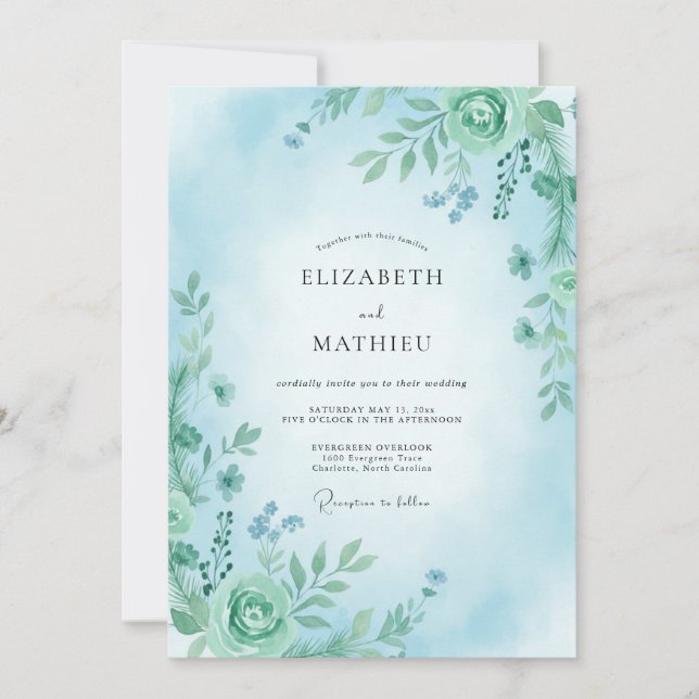 Aqua Lush Botanical Wedding Invitation (Front)