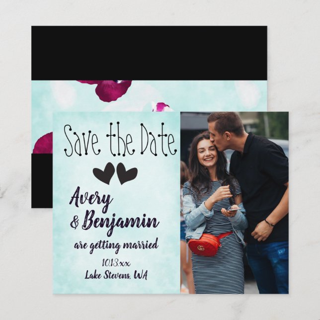 Aqua, Magenta, Black Hearts Save the Date Card (Front/Back)
