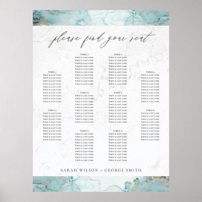 AQUA MARBLE AGATE 10 TABLE WEDDING SEATING CHART (Front)