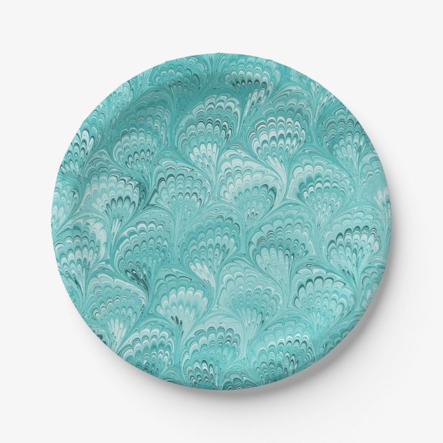 Aqua Marbled Paper Design Paper Plate (Front)