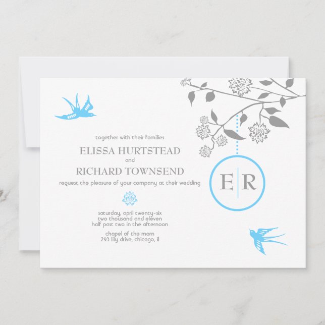Aqua Marigold Birds Invitations (Front)