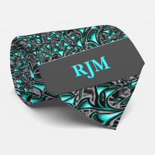 Aqua Marine and Charcoal Paisley with Monogram Tie