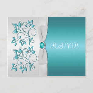 Aqua-marine and Silver Floral RSVP Invitation Postcard