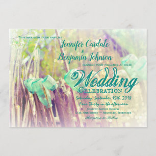 Aqua Mason Jars on Fence Post Wedding Invitations