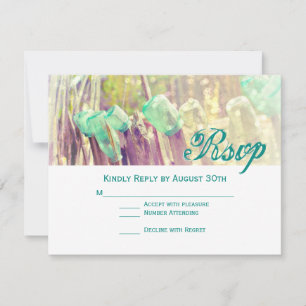Aqua Mason Jars on Fence Post Wedding RSVP Cards