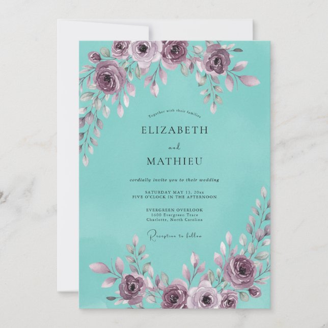 Aqua Mauve Peony Wedding Invitation (Front)