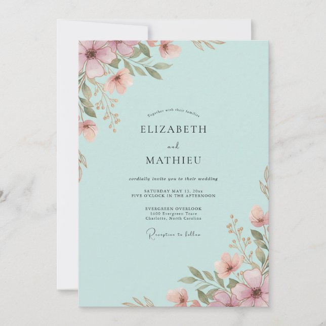 Aqua Mauve Wildflower Wedding Invitation (Front)