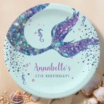 Aqua Mermaid Birthday Paper Plate<br><div class="desc">Add a touch of enchantment to your little mermaid's special day with our customizable mermaid theme birthday paper plates! These plates feature a stunning aqua background with a stylish blue-purple glitter print mermaid tail and seahorses that will transport your guests to an underwater paradise. These plates are fully customizable –...</div>