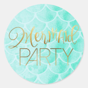 Aqua Mermaid Scales Gold Typography Classic Round Sticker