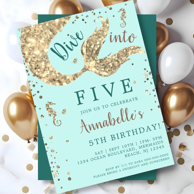 Aqua Mermaid Tail 5th Birthday  Invitation (Creator Uploaded)
