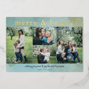 Aqua Merry and Bright Abstract Photo Collage Foil Holiday Card
