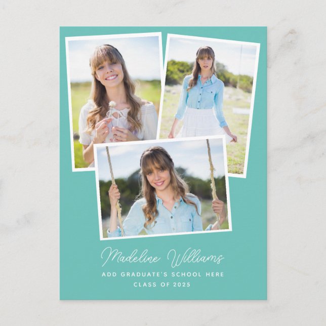 Aqua Minimalist Script Multi Photo Graduation Postcard (Front)