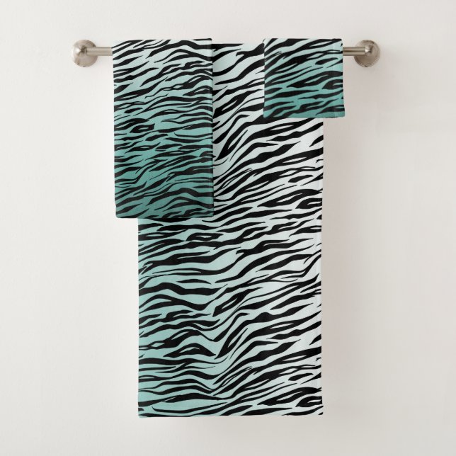 Aqua Mint Black Zebra Print Ombre Bath Towel Set (Insitu)
