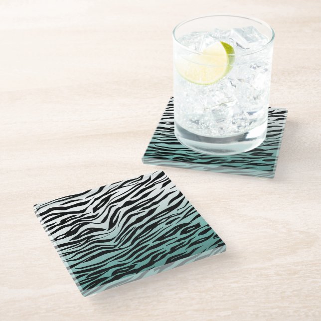 Aqua Mint Black Zebra Print Ombre Glass Coaster (Angled)