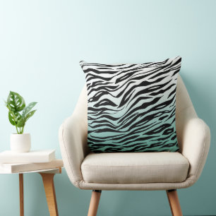 Aqua Mint Black Zebra Print Ombre Throw Pillow