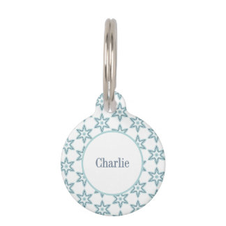 Aqua Mint Blue and White Modern Geometric Stars Pet Tag