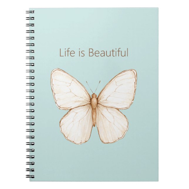 Aqua Mint Blue Cream Brown Butterfly Notebook (Front)