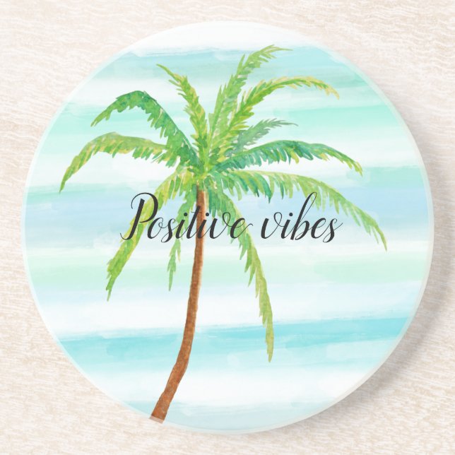 Aqua Mint Blue White Stripes Tropical Palm Tree Coaster (Front)